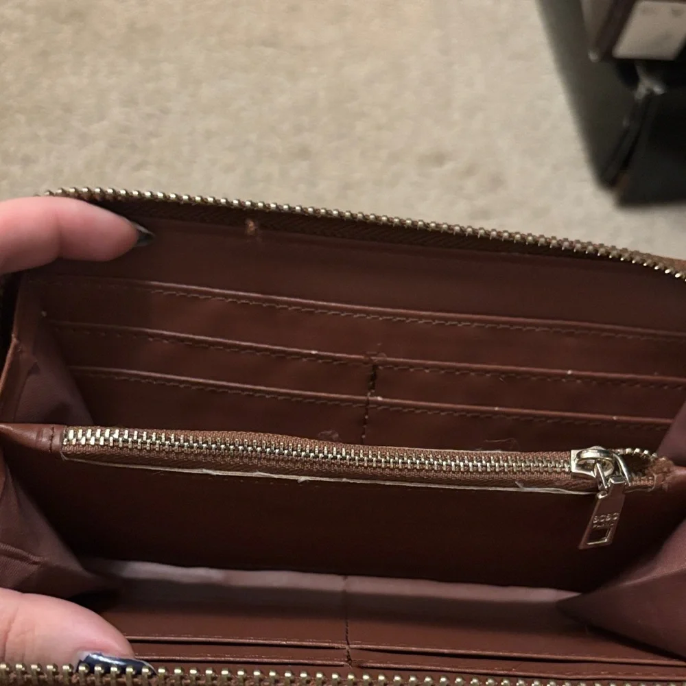 BCBG Brown Croc-Embossed Zip-Around Wallet with Gold Plate